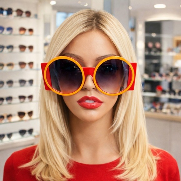 Sunglasses Women Red and Yellow Large Round Shades - Picture 4 of 7
